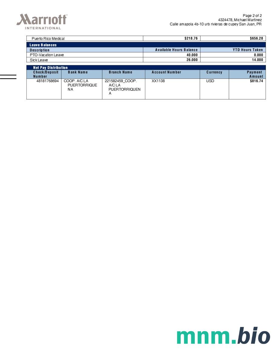 Marriott International payslip template in Word and PDF formats, 2